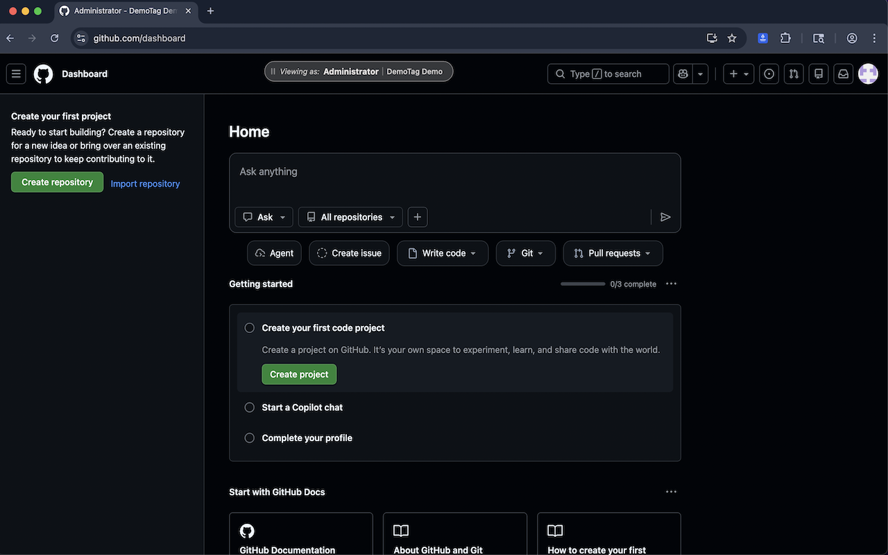 DemoTag persona label visible on GitHub dashboard