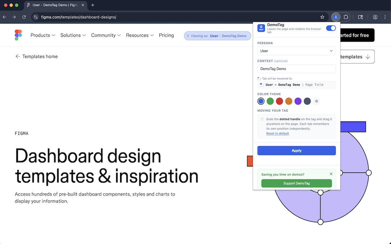 DemoTag popup open with User persona active on Figma